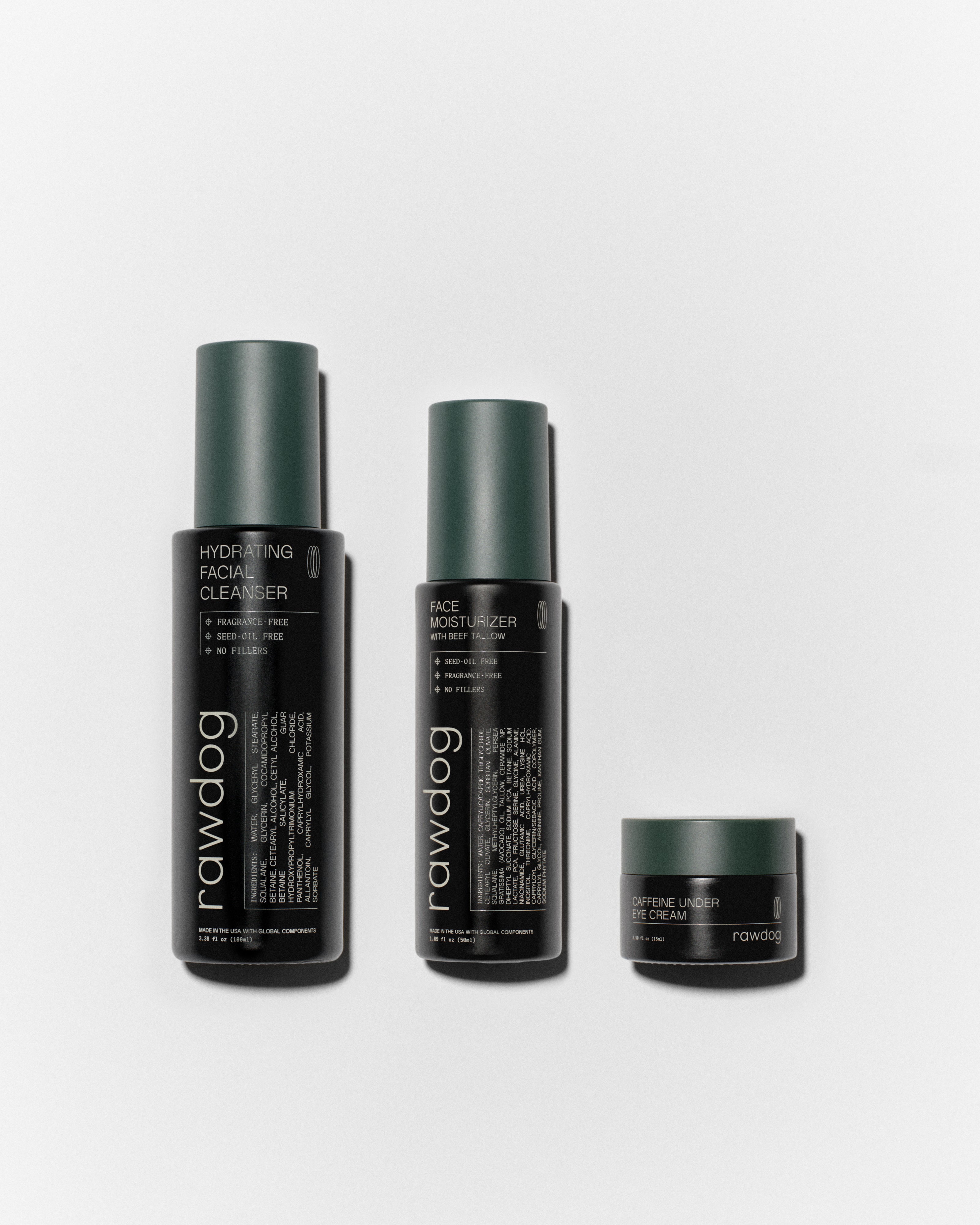 RAWDOG cleanser, moisturizer, and eye cream in the complete routine